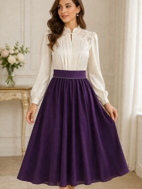 Elegant vintage Two-Tone Long Sleeve Dress in White and Purple